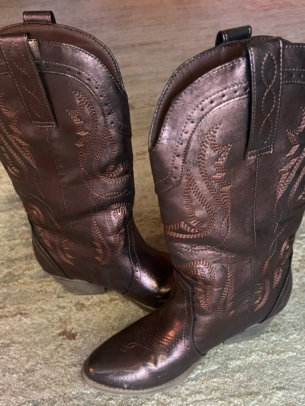 Copper Embroidered Leather Western Cowboy Boots
